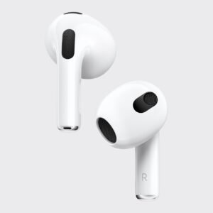 AirPods 3 blancs, vue rapprochée des deux écouteurs