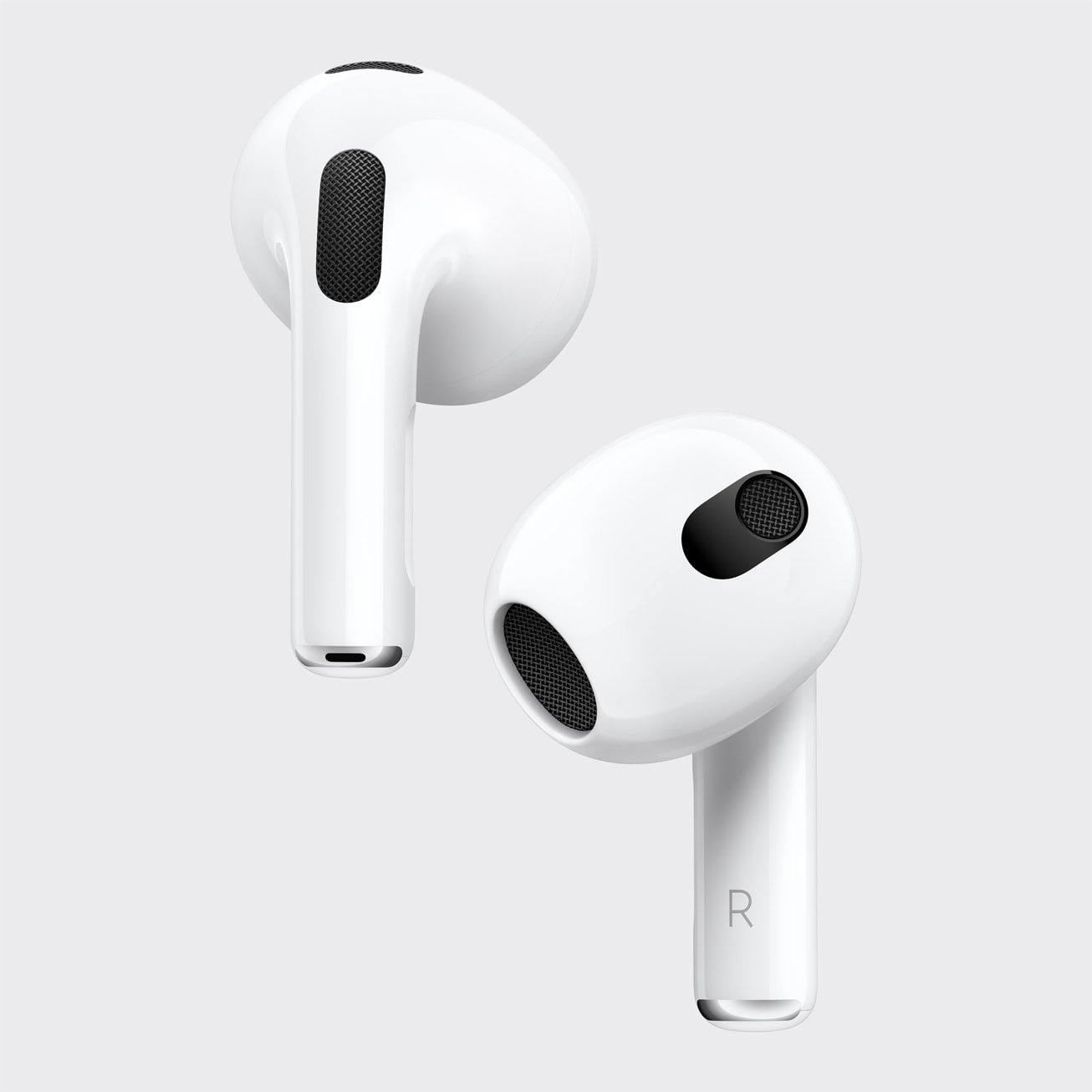 AirPods 3 blancs, vue rapprochée des deux écouteurs